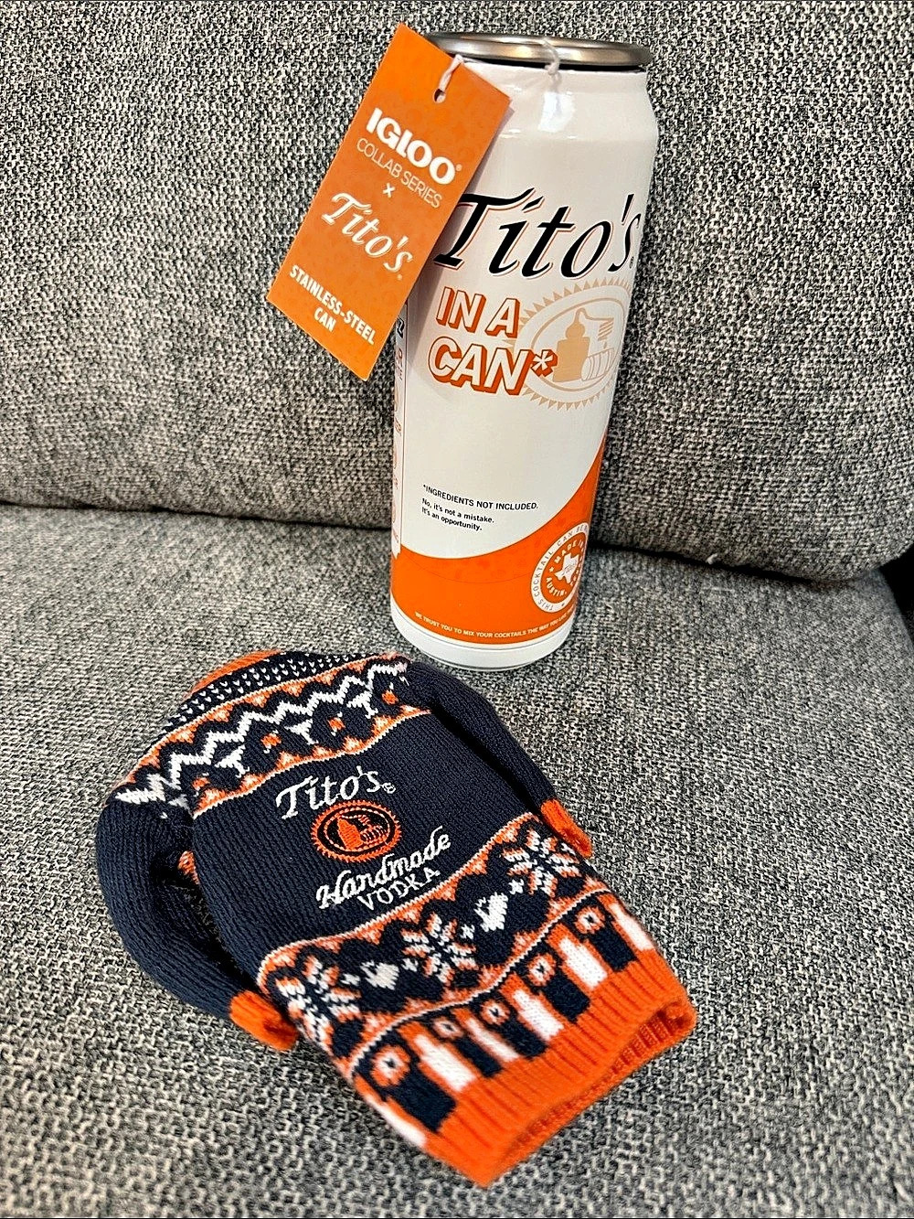 Tito's In a Can insulated drink & Knit coozie Set in Orange & Blue NWT